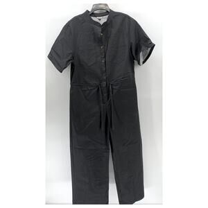 THE KIT. Women's Black Denim Short Sleeve Half-Button Wide-Leg Jumpsuit SZ M